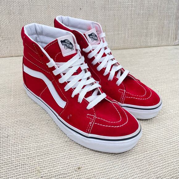 Vans Original Sk-8 Hi Shoe, Racing Red and White Leather Suede, Unisex, M6, W7.5 - Picture 9 of 12